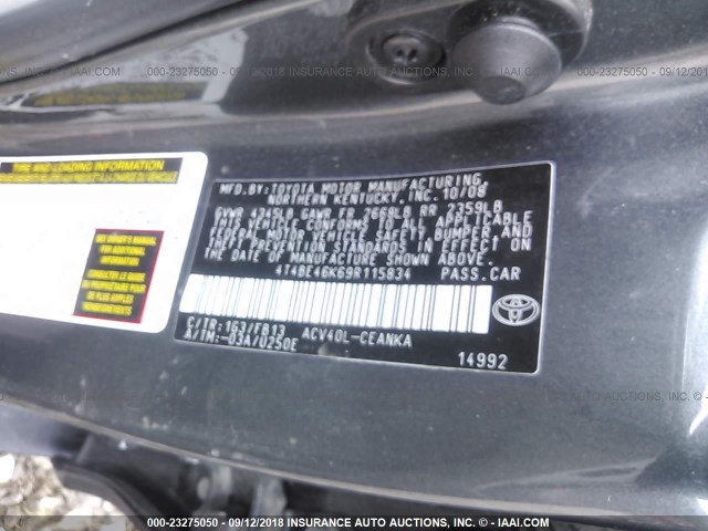 4T4BE46K69R115834 - 2009 TOYOTA CAMRY SE/LE/XLE 灰色 照片 9