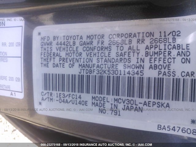 JTDBF32K530114345 - 2003 TOYOTA CAMRY LE/XLE GRAY photo 9