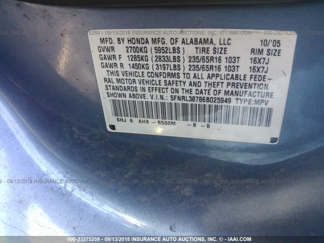 5FNRL38786B025949 - 2006 HONDA ODYSSEY EXL BLUE photo 9