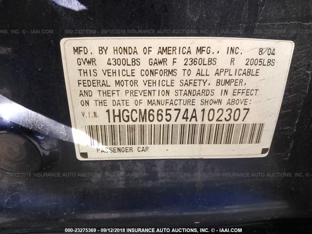 1HGCM66574A102307 - 2004 HONDA ACCORD EX BLUE photo 9