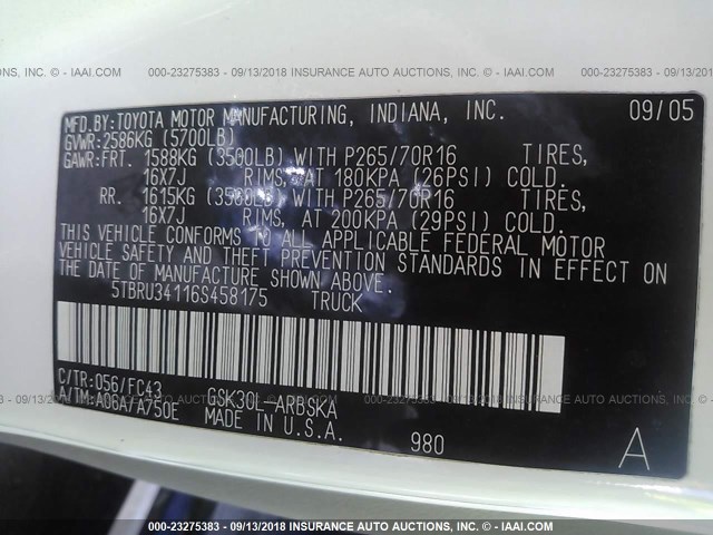 5TBRU34116S458175 - 2006 TOYOTA TUNDRA ACCESS CAB SR5 WHITE photo 9