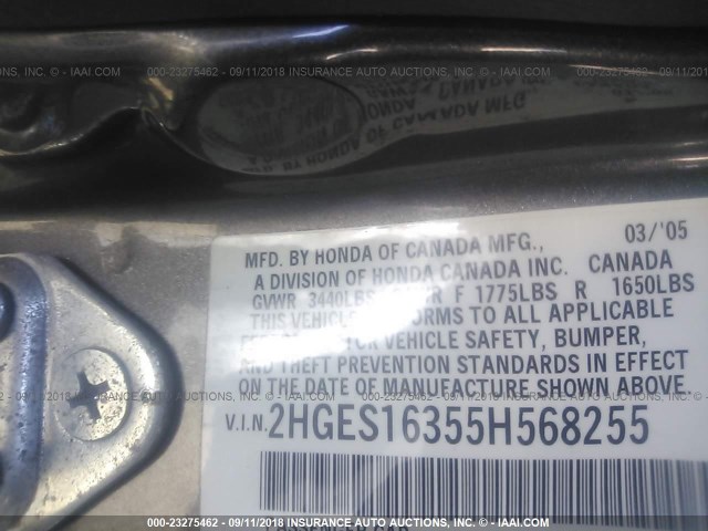 2HGES16355H568255 - 2005 HONDA CIVIC DX VP 灰色 照片 9