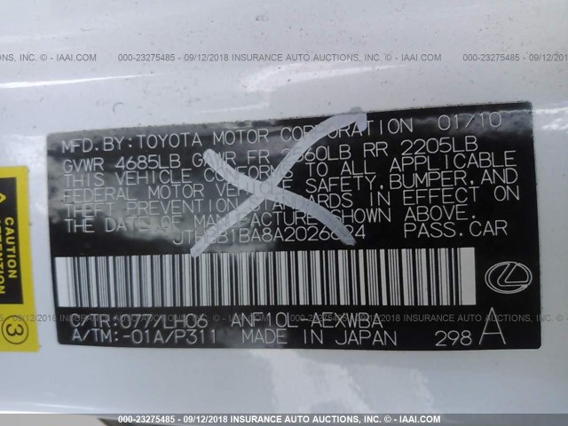 JTHBB1BA8A2026624 - 2010 LEXUS HS 250H WHITE photo 9