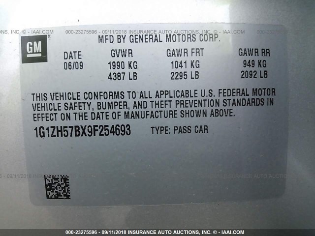 1G1ZH57BX9F254693 - 2009 CHEVROLET MALIBU 1LT ვერცხლისფერი ფოტო 9