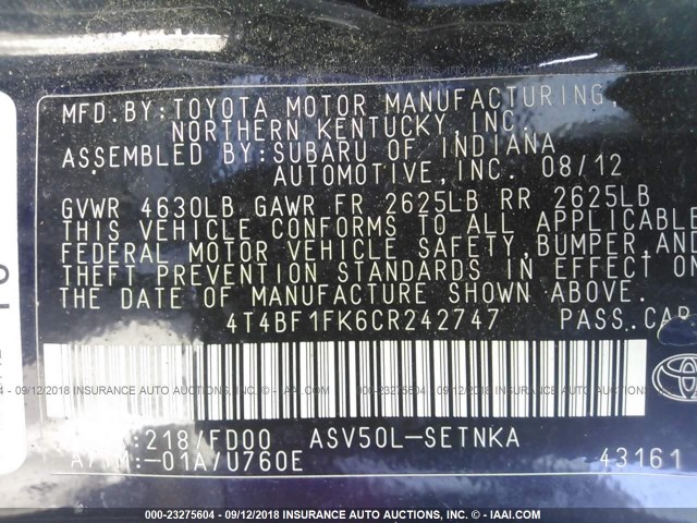 4T4BF1FK6CR242747 - 2012 TOYOTA CAMRY SE/LE/XLE BLACK photo 9