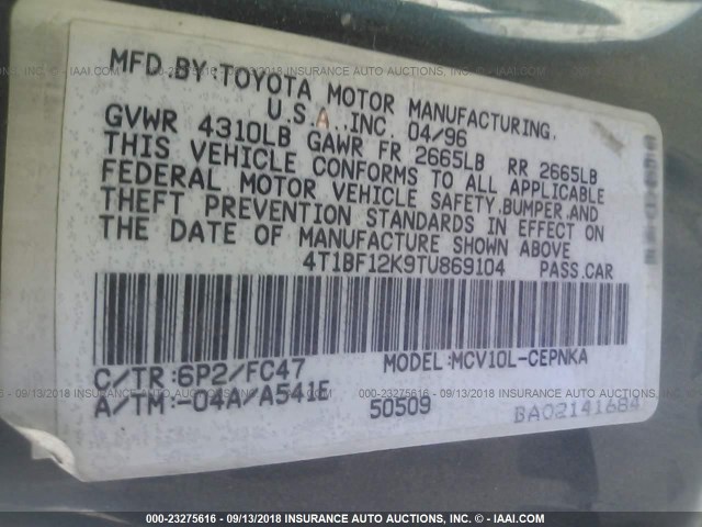 4T1BF12K9TU869104 - 1996 TOYOTA CAMRY LE/XLE/SE Жасыл фото 9