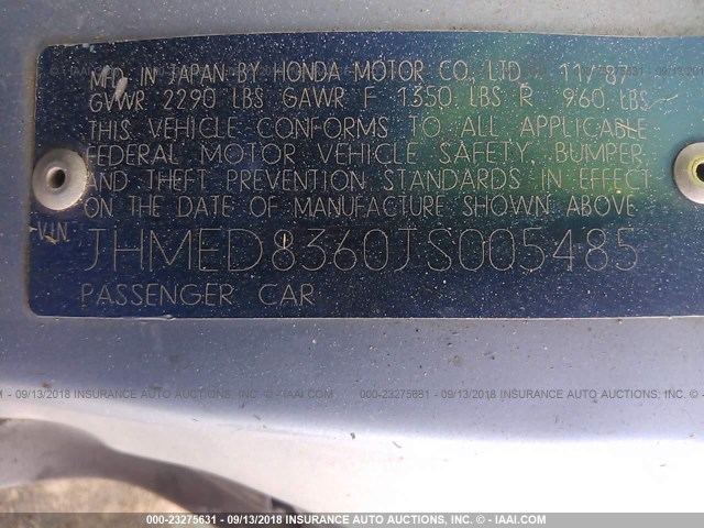 JHMED8360JS005485 - 1988 HONDA CIVIC CRX 1.5 HF WHITE photo 9