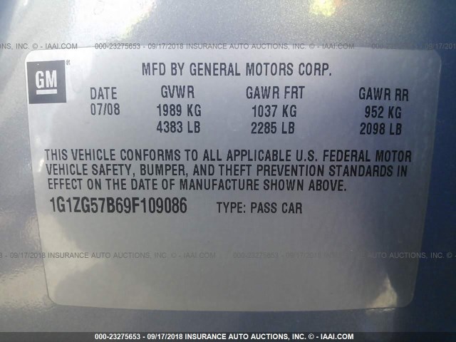 1G1ZG57B69F109086 - 2009 CHEVROLET MALIBU LS ნაცრისფერი ფოტო 9