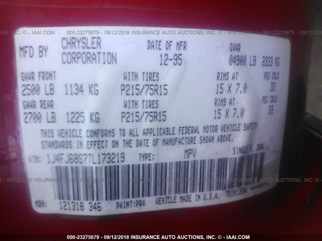 1J4FJ68S7TL173219 - 1996 JEEP CHEROKEE SPORT/CLASSIC წითელი ფოტო 9