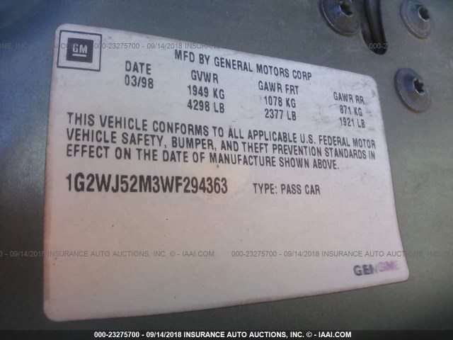1G2WJ52M3WF294363 - 1998 PONTIAC GRAND PRIX SE 金色 照片 9