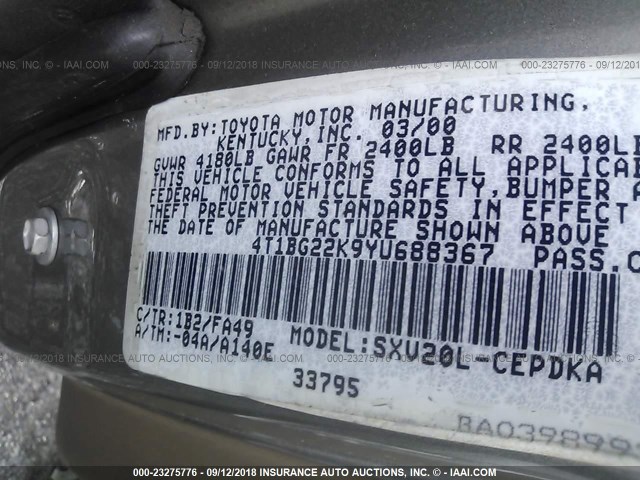 4T1BG22K9YU688367 - 2000 TOYOTA CAMRY CE/LE/XLE 银色 照片 9
