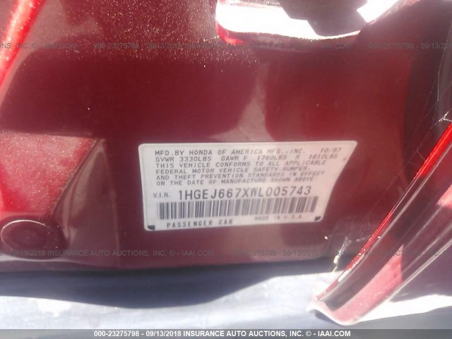 1HGEJ667XWL005743 - 1998 HONDA CIVIC LX RED photo 9