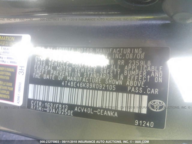 4T4BE46K89R092105 - 2009 TOYOTA CAMRY SE/LE/XLE GRAY photo 9