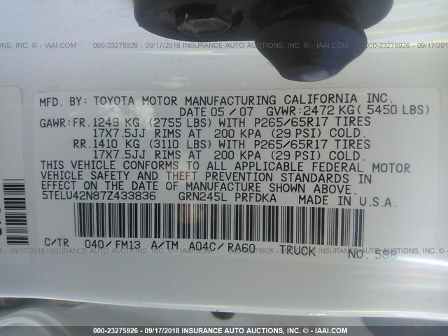 5TELU42N87Z433836 - 2007 TOYOTA TACOMA DOUBLE CAB 白色 照片 9