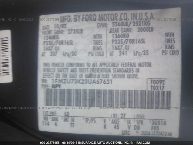 1FMZU73K23UA67631 - 2003 FORD EXPLORER XLT/XLT SPORT/NBX 蓝色 照片 9