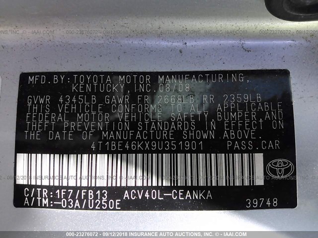 4T1BE46KX9U351901 - 2009 TOYOTA CAMRY SE/LE/XLE ვერცხლისფერი ფოტო 9