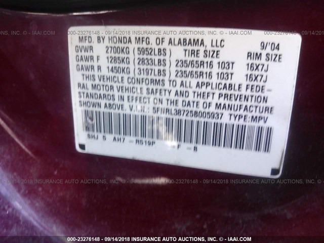 5FNRL38725B005937 - 2005 HONDA ODYSSEY EXL MAROON photo 9