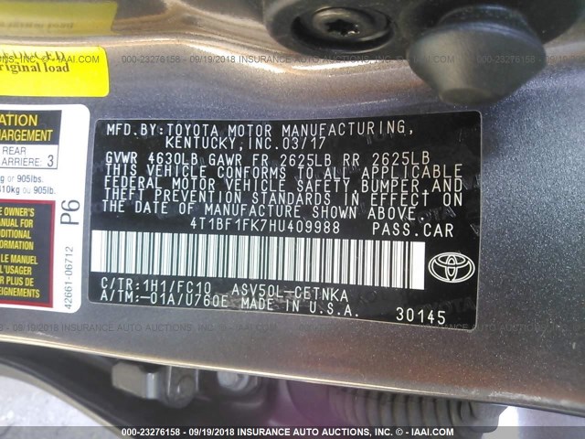 4T1BF1FK7HU409988 - 2017 TOYOTA CAMRY LE/XLE/SE/XSE TAN photo 9