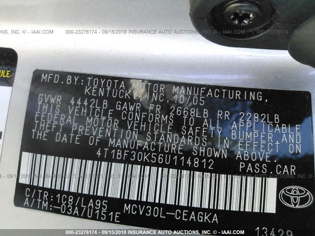 4T1BF30K56U114812 - 2006 TOYOTA CAMRY LE/XLE/SE Күміс фото 9