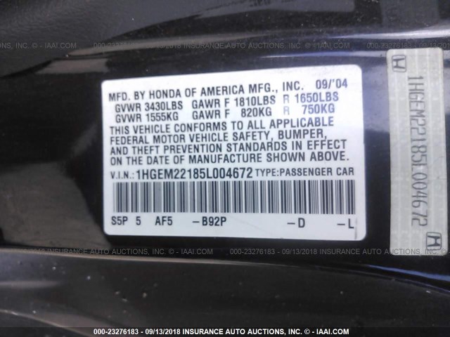 1HGEM22185L004672 - 2005 HONDA CIVIC DX VP BLACK photo 9