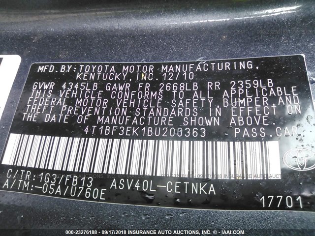 4T1BF3EK1BU200363 - 2011 TOYOTA CAMRY SE/LE/XLE GRAY photo 9