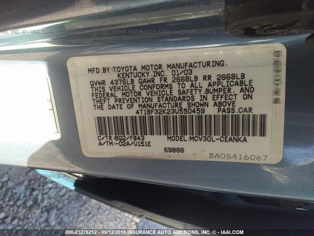4T1BF32K23U550459 - 2003 TOYOTA CAMRY LE/XLE/SE Mavi foto 9