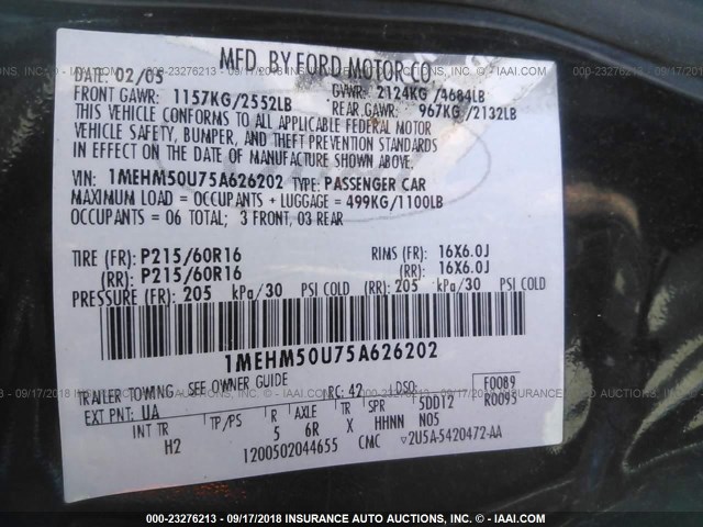 1MEHM50U75A626202 - 2005 MERCURY SABLE GS BLACK photo 9