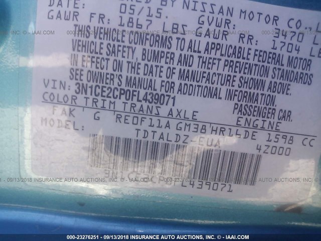 3N1CE2CP0FL439071 - 2015 NISSAN VERSA NOTE S/S PLUS/SV/SL/SR BLUE photo 9