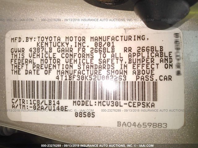 4T1BF30K52U002263 - 2002 TOYOTA CAMRY LE/XLE/SE Gümüş foto 9