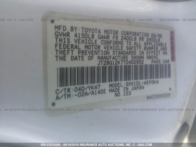 JT2BG12K7T0400952 - 1996 TOYOTA CAMRY DX/LE/XLE WHITE photo 9