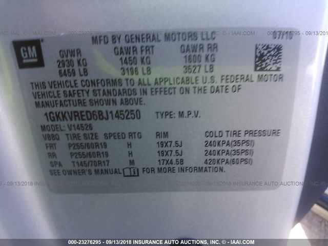 1GKKVRED6BJ145250 - 2011 GMC ACADIA SLT-1 Srebrny zdjęcie 9