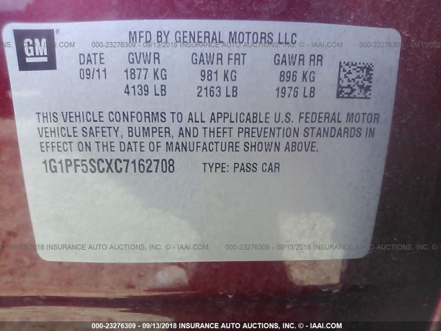 1G1PF5SCXC7162708 - 2012 CHEVROLET CRUZE LT RED photo 9