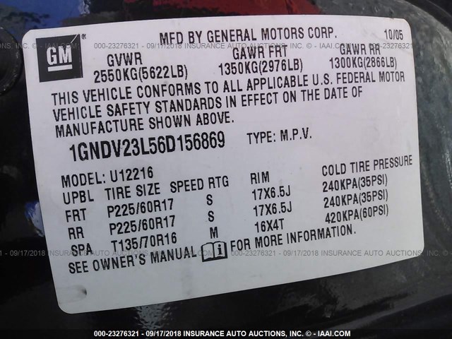 1GNDV23L56D156869 - 2006 CHEVROLET UPLANDER LS BLUE photo 9