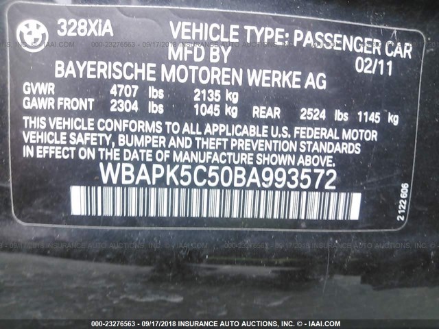 WBAPK5C50BA993572 - 2011 BMW 328 XI SULEV BLACK photo 9