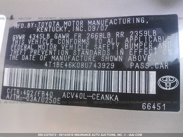 4T1BE46K08U743929 - 2008 TOYOTA CAMRY CE/LE/XLE/SE CREAM photo 9