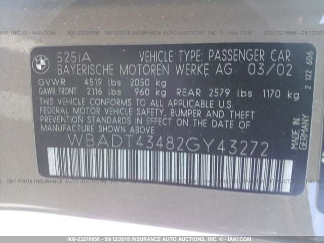 WBADT43482GY43272 - 2002 BMW 525 I AUTOMATIC GOLD photo 9