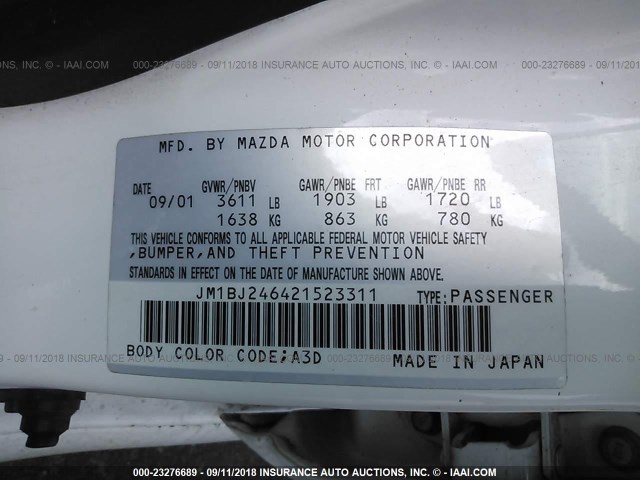 JM1BJ246421523311 - 2002 MAZDA PROTEGE PR5 白色 照片 9