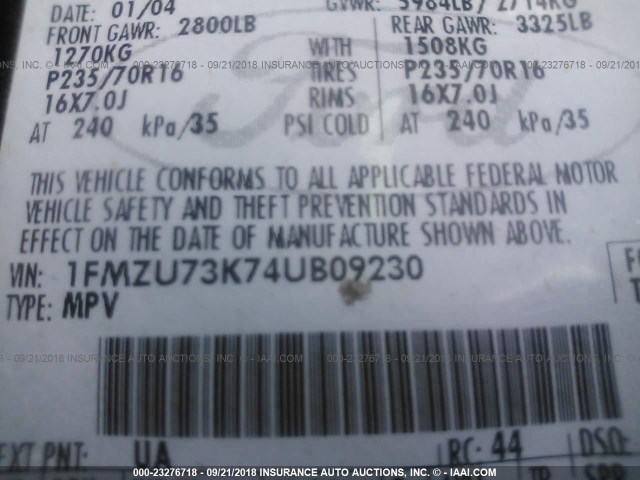 1FMZU73K74UB09230 - 2004 FORD EXPLORER XLT/XLT SPORT/NBX 黑色 照片 9