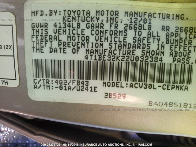 4T1BE32K22U032384 - 2002 TOYOTA CAMRY LE/XLE/SE Qəhvəyi foto 9