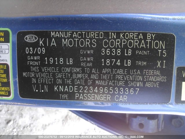 KNADE223496533367 - 2009 KIA RIO LX/SX BLUE photo 9