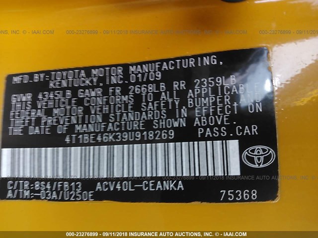 4T1BE46K39U918269 - 2009 TOYOTA CAMRY SE/LE/XLE YELLOW photo 9