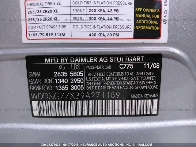 WDDNG77X39A271189 - 2009 MERCEDES-BENZ S SILVER photo 9