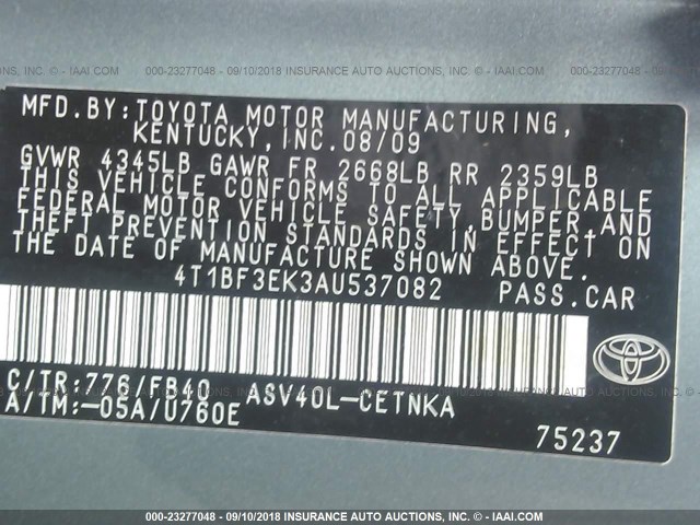 4T1BF3EK3AU537082 - 2010 TOYOTA CAMRY SE/LE/XLE BLUE photo 9