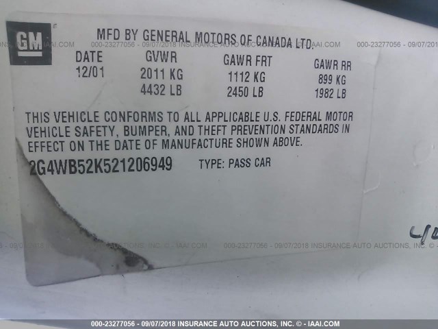 2G4WB52K521206949 - 2002 BUICK REGAL LS WHITE photo 9