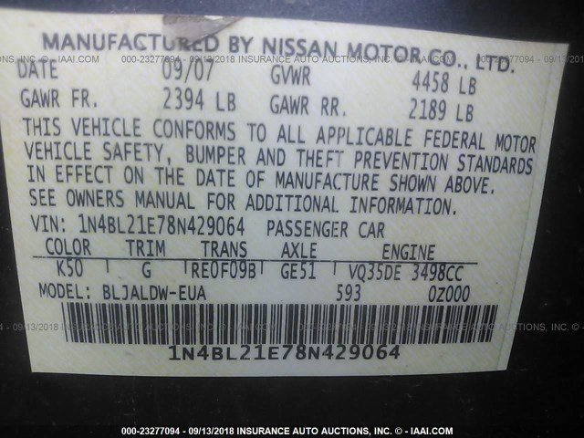 1N4BL21E78N429064 - 2008 NISSAN ALTIMA 3.5SE/3.5SL GRAY photo 9