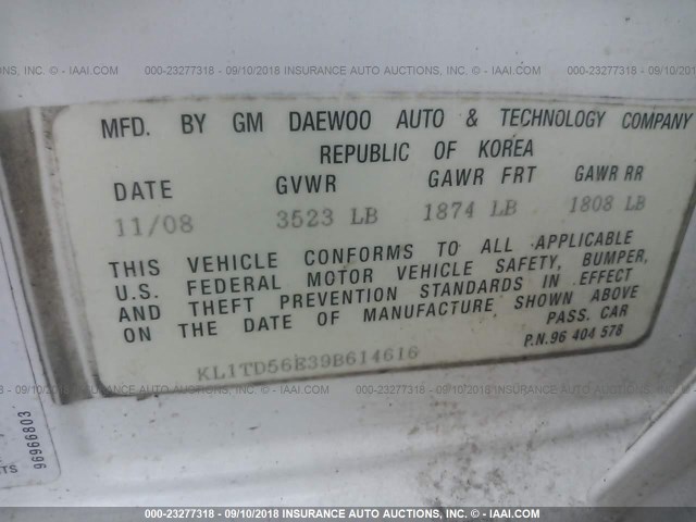 KL1TD56E39B614616 - 2009 CHEVROLET AVEO LS/LT 白色 照片 9