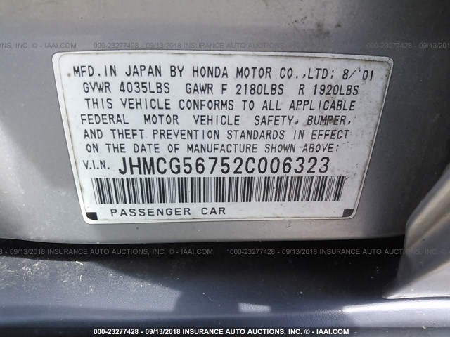 JHMCG56752C006323 - 2002 HONDA ACCORD SE SILVER photo 9