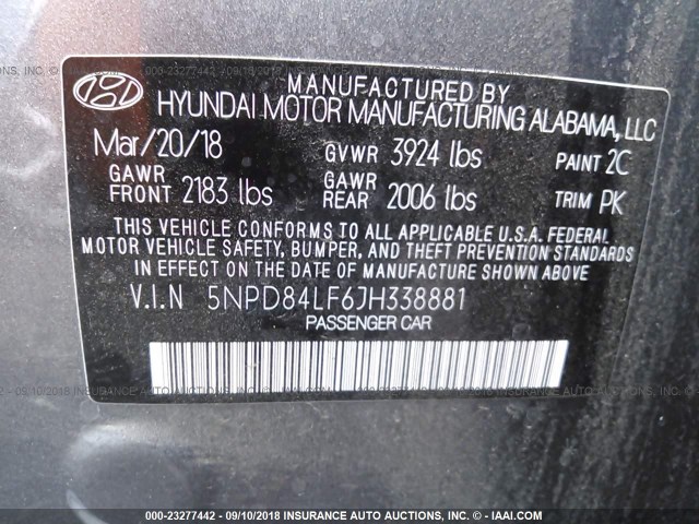 5NPD84LF6JH338881 - 2018 HYUNDAI ELANTRA SEL/VALUE/LIMITED GRAY photo 9