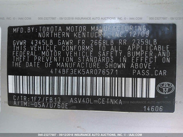 4T4BF3EK5AR076571 - 2010 TOYOTA CAMRY SE/LE/XLE 银色 照片 9