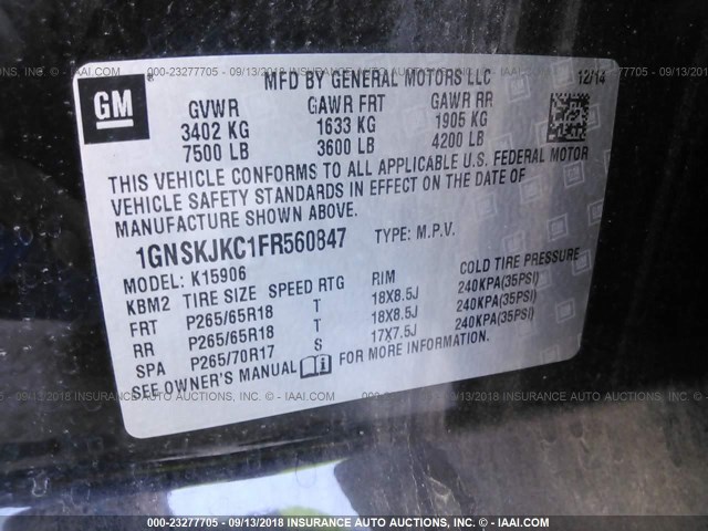 1GNSKJKC1FR560847 - 2015 CHEVROLET SUBURBAN K1500 LT BLACK photo 9